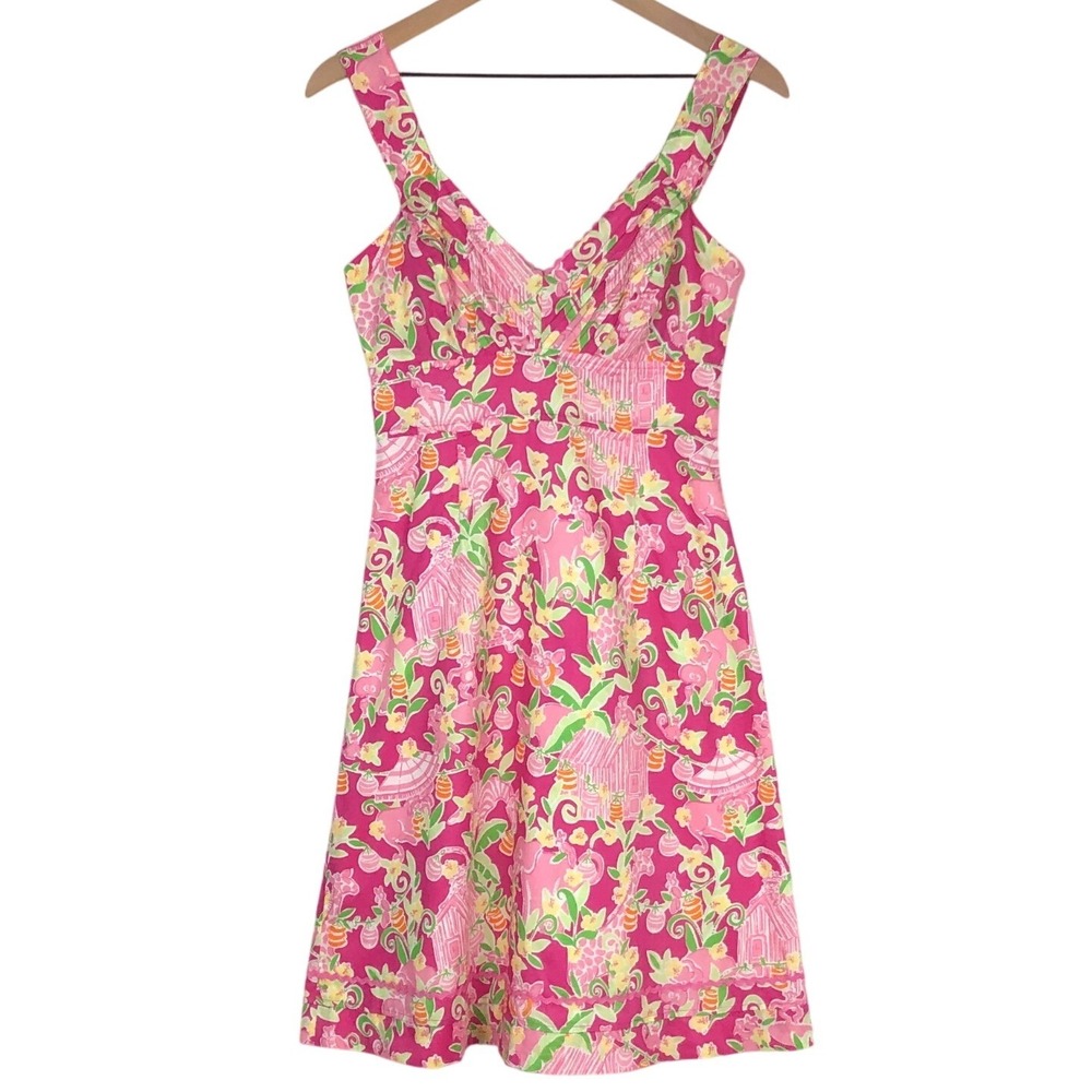LILLY PULITZER Tropical Elephant Giraffe Print Cotton Dress Sz 2 Pink Pleated